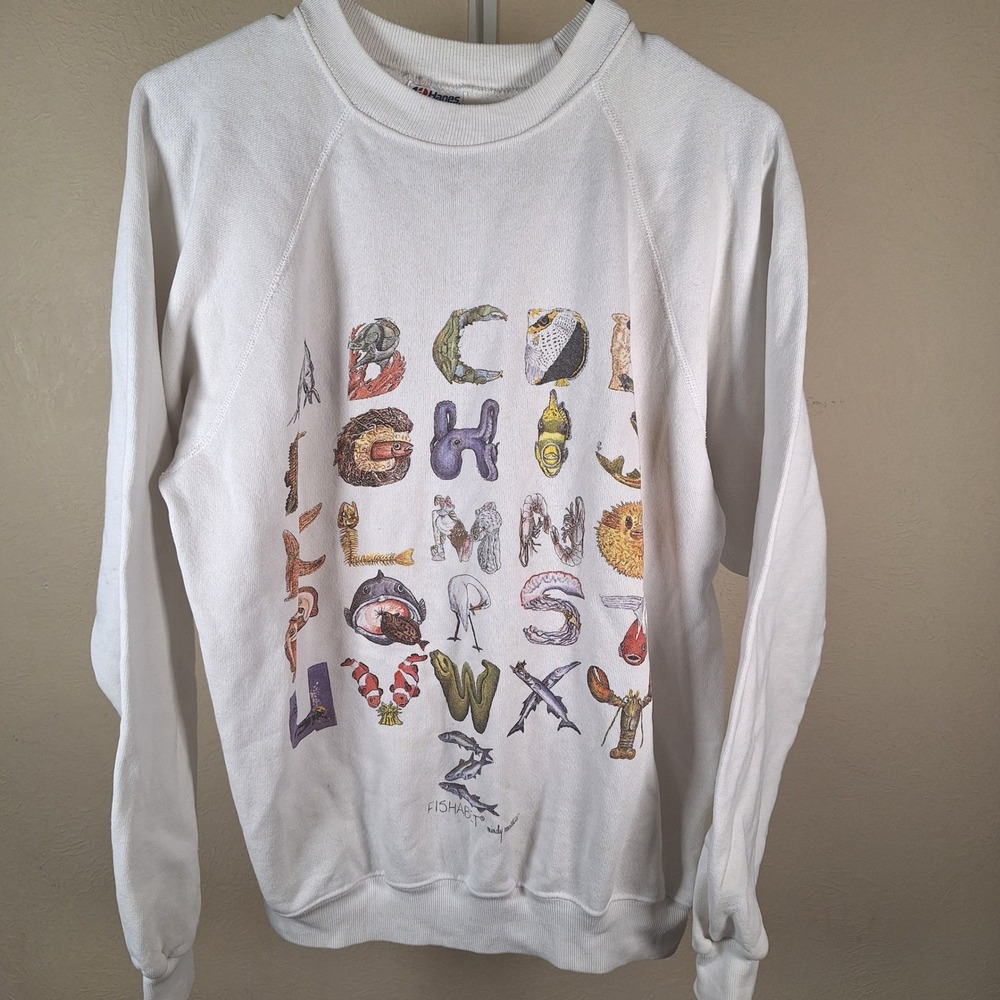 Vintage Hanes Fishabet Mindy Matthews Fishing Letters Nature Crewneck Sweatshirt
